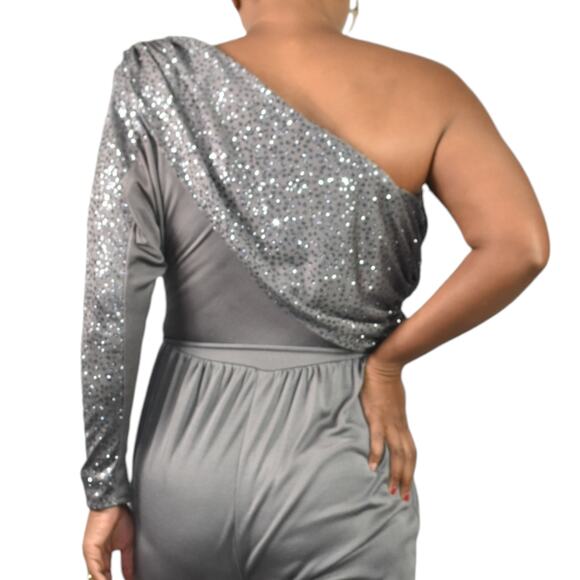 Vintage Climax One Shoulder Jumpsuit Gray Sequin Ruched Draped 70s Retro Small - Picture 5 of 15